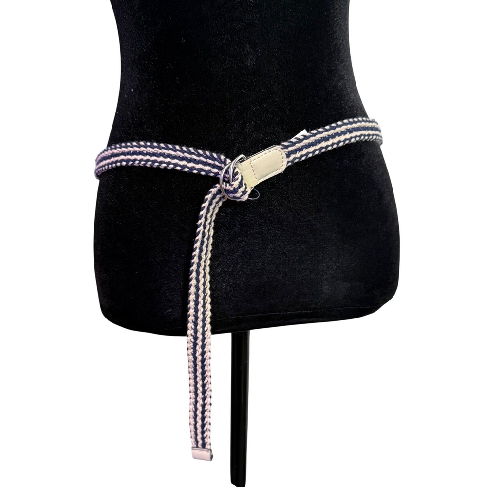 Womens Skinny Braided Rope Belt Size 12 D Ring Blue‎ Cream Nautical Preppy BOHO